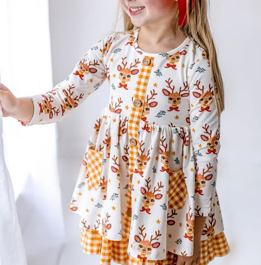 (Pre-order)GLD1215 Deer Plaid Print Pockets Girls Christmas Knee Length Dress