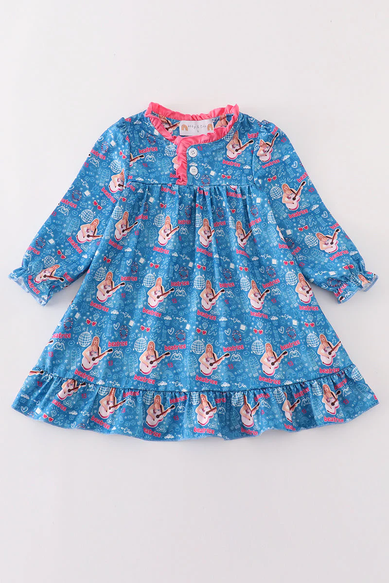 (Custom Design Preorder MOQ 5) Singer Swiftie Blue Print Girls Knee Length Dress