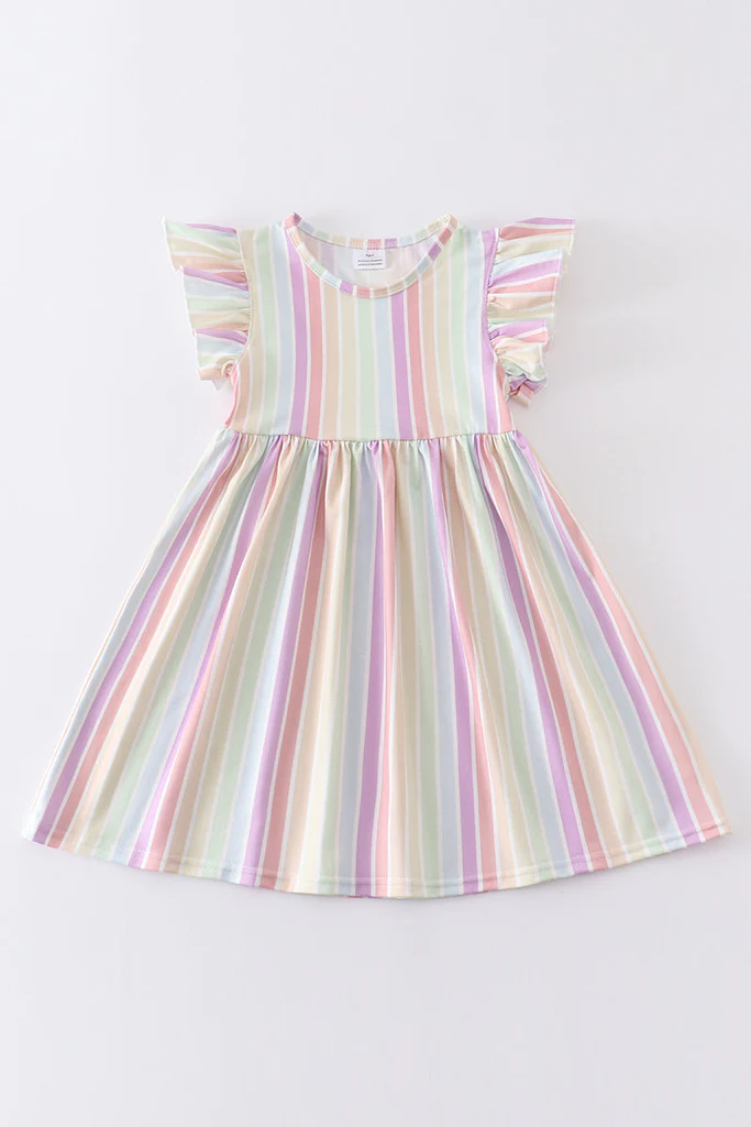 (Custom Design Preorder MOQ 5) Colorful Stripes Print Girls Knee Length Summer Dress