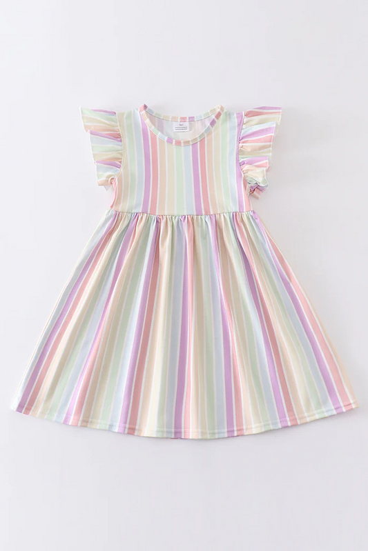 (Custom Design Preorder MOQ 5) Colorful Stripes Print Girls Knee Length Summer Dress