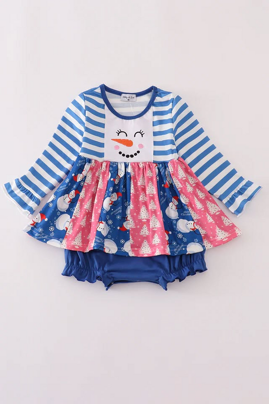 (Custom Design Preorder MOQ 5)  Snowman Print Baby Girls Skirted Romper