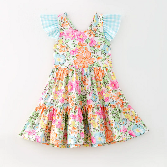 (Custom Design Preorder MOQ 5) Orange Flowers Print Girls Knee Length Dress