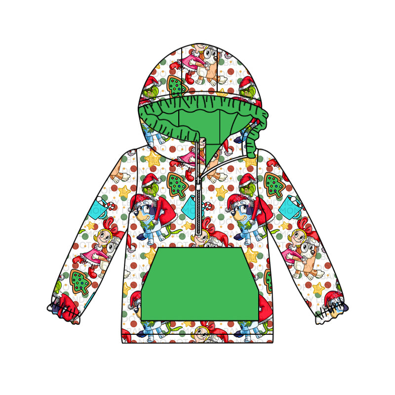 (Custom Design Preorder MOQ 5) Cartoon Dog Green Frog Print Girls Christmas Hoodie Zipper Tops