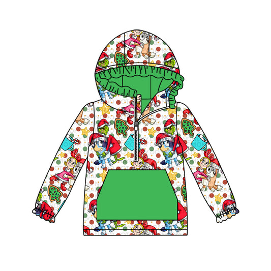 (Custom Design Preorder MOQ 5) Cartoon Dog Green Frog Print Girls Christmas Hoodie Zipper Tops