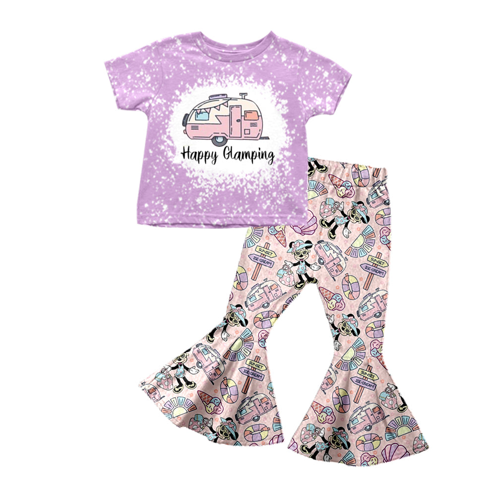 (Custom Design Preorder MOQ 5) Purple Camper Print Girls Bell Pants Clothes Set