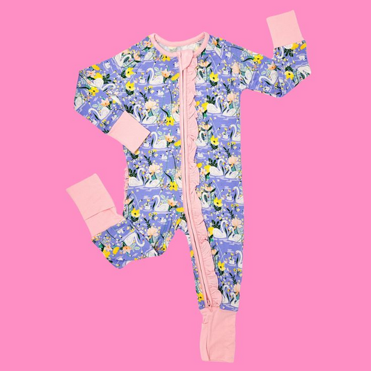 (Custom Design Preorder MOQ 5) Flowers Print Baby Girls Sleeper Zipper Romper