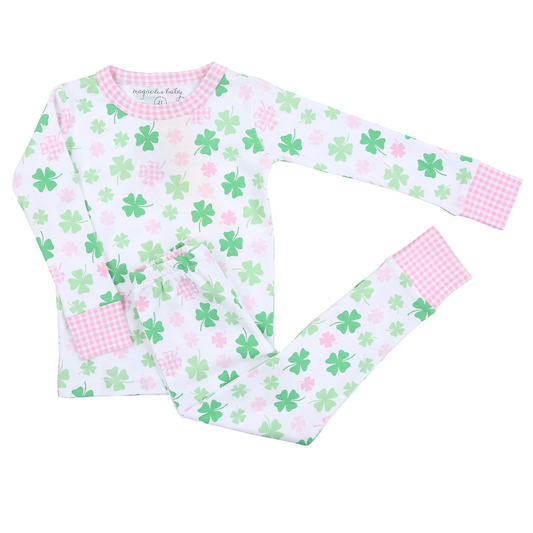 (Custom Design Preorder MOQ 5) Green Quatrefoil Print Girls St. Patrick's Pajamas Clothes Sets
