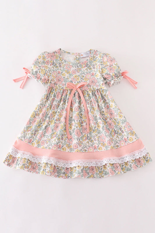 (Custom Design Preorder MOQ 5) Pink Yellow Flowers Print Girls Spring Knee Length Ruffle Dress