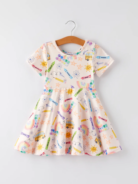 (Custom Design Preorder MOQ 5) Pen Rainbow Print Girls Back to School Knee Length Dress