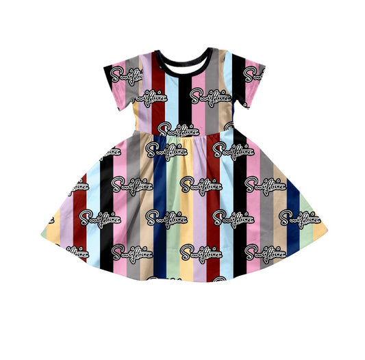 (Custom Design Preorder MOQ 5) Singer Stripes Print Girls Summer Knee Length Dress