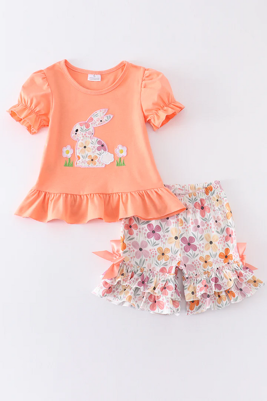 (Custom Design Preorder MOQ 5) Bunny Flowers Print Girls Easter Clothes Set