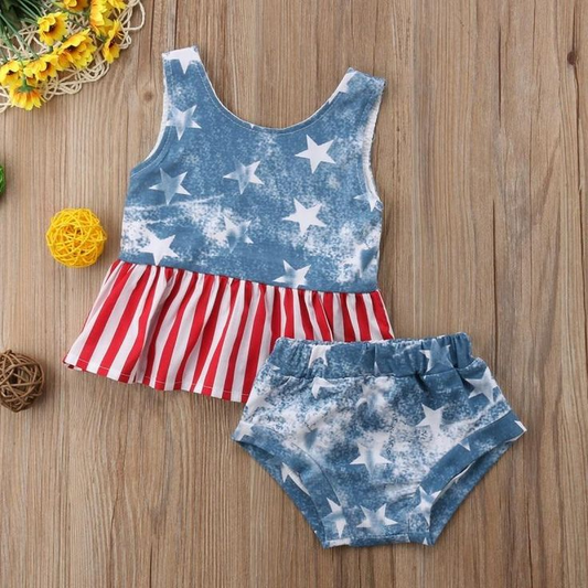 (Custom Design MOQ 5)  Stars Print Baby Girls 4th of July Bummie Sets