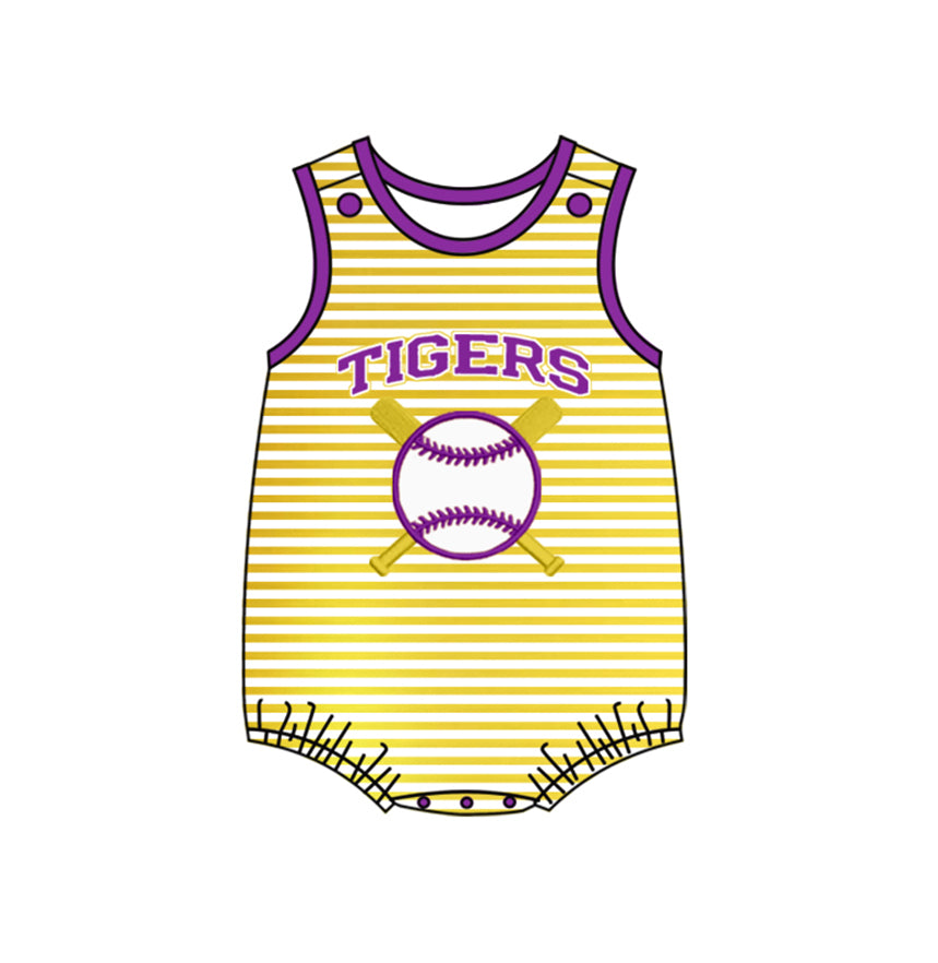 (Custom Design Preorder MOQ 5)  Team's Purple Tiger Print Baby Boys Summer Romper