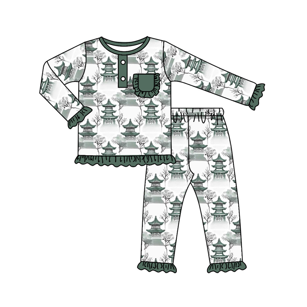 (Custom Design Preorder MOQ 5)  Chinese Pavilions Print Girls Pajamas Clothes Set