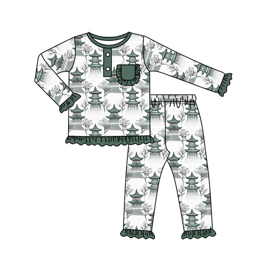 (Custom Design Preorder MOQ 5)  Chinese Pavilions Print Girls Pajamas Clothes Set