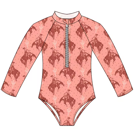 (Custom Design Preorder MOQ 5)  Rodeo Cactus Print Girls 1 Piece Long Sleeve Zipper Swimsuits