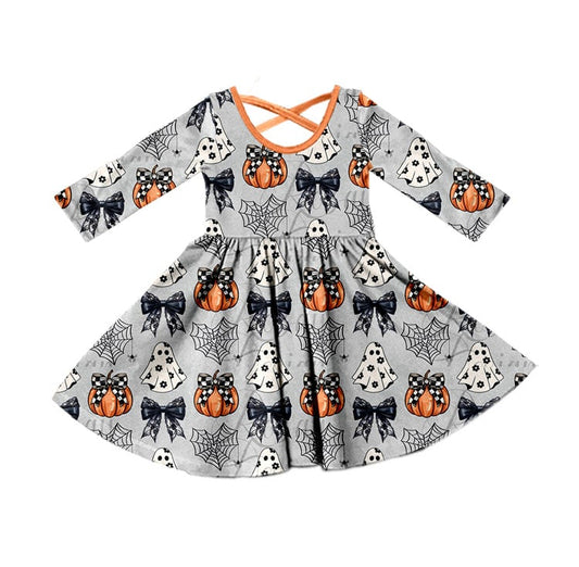 (Custom Design Preorder MOQ 5) Ghost Pumpkin Bows Print Girls Knee Length Hlloween Dress