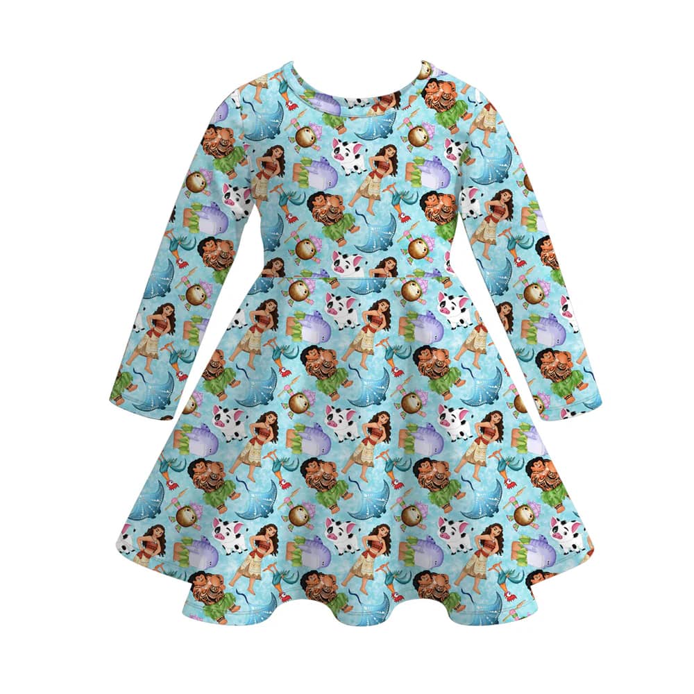 (Custom Design Preorder MOQ 5) Cartoon Princess Moa* Blue Print Girls Knee Length Summer Dress
