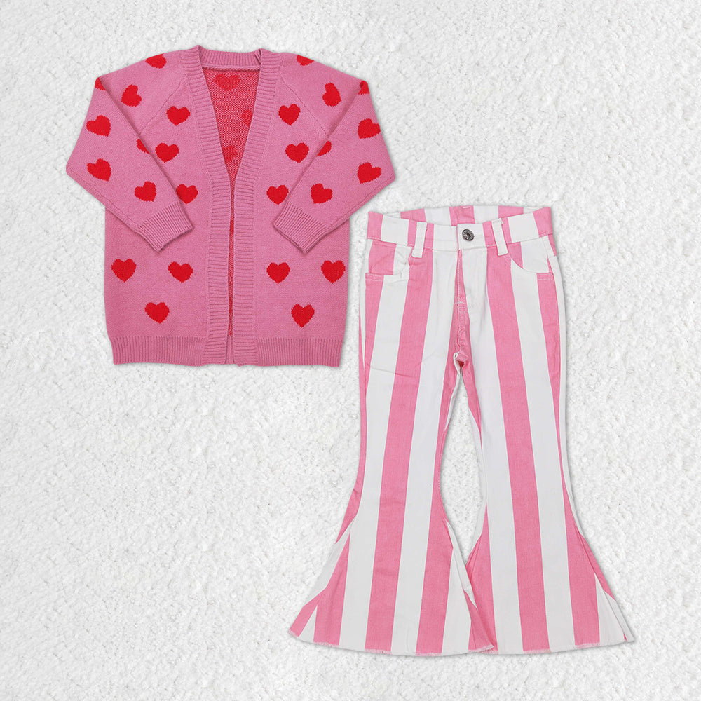 GLP1144 Heart Pink Baby Girls Sweater Cardigan Top Stripes Denim Bell Bottom Pants Girls Valentine's Clothes Set