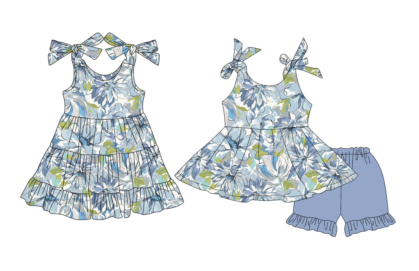 5.24(Custom Design Preorder MOQ 5 Each Design) Grey Blue Flowers Print Girls Summer Matching Clothes Sisters Wear