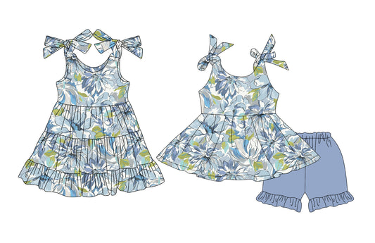 5.24(Custom Design Preorder MOQ 5 Each Design) Grey Blue Flowers Print Girls Summer Matching Clothes Sisters Wear