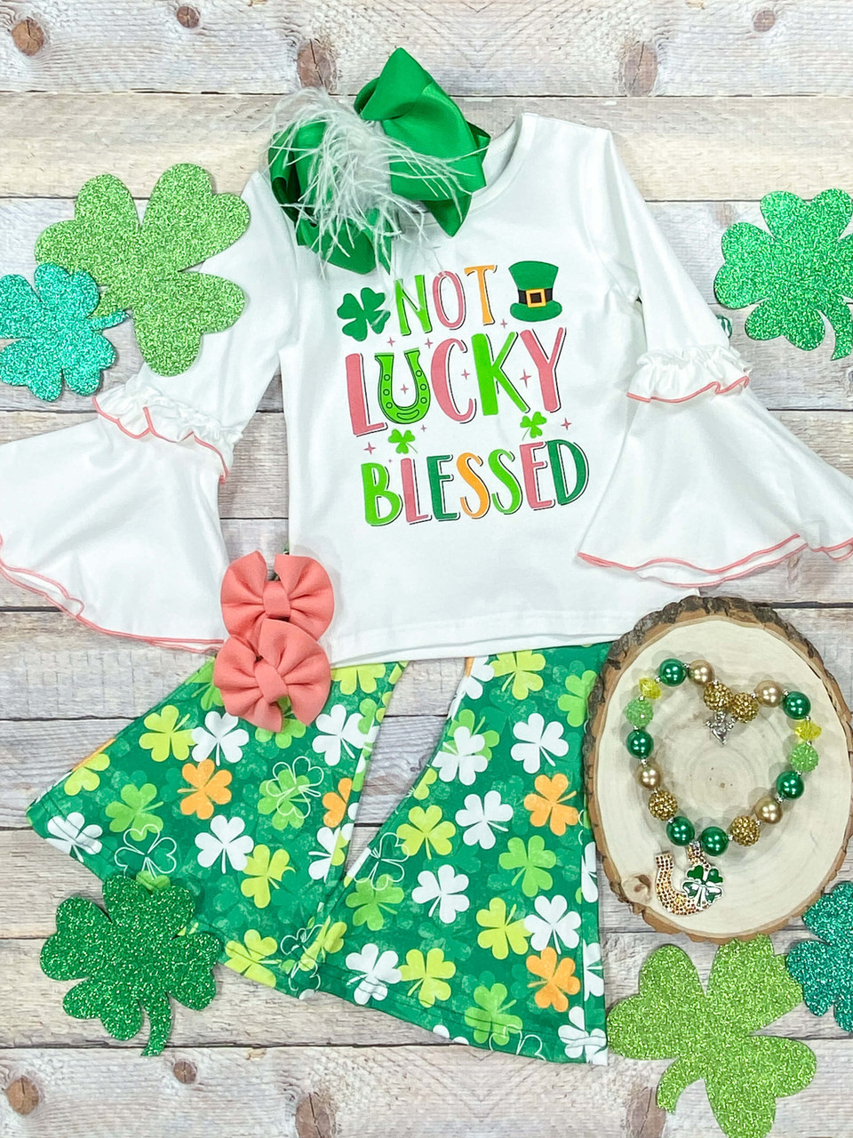 (Custom Design Preorder MOQ 5) Lucky Green Quatrefoil Print Girls St. Patrick's Clothes Sets