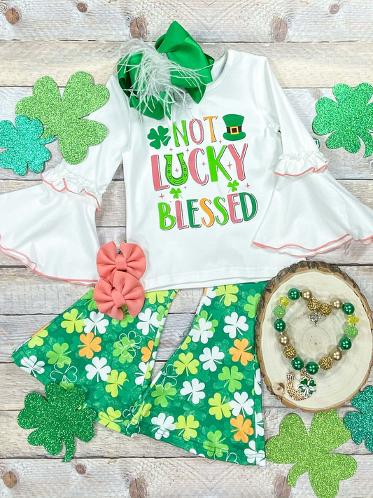 (Custom Design Preorder MOQ 5) Lucky Green Quatrefoil Print Girls St. Patrick's Clothes Sets