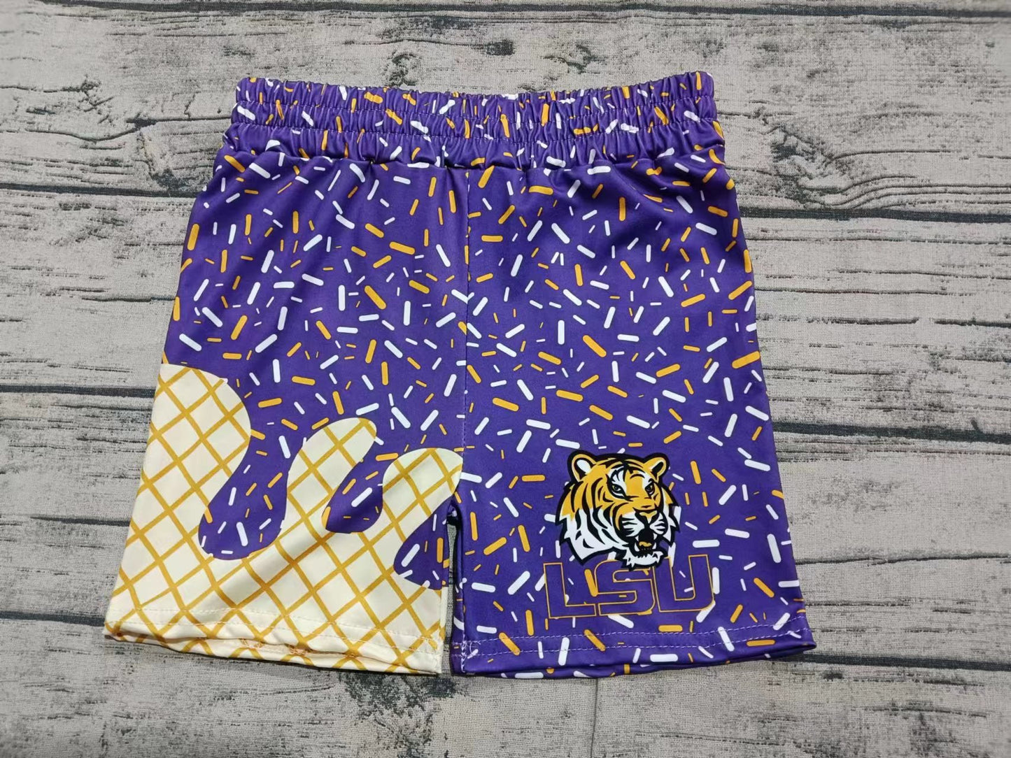 (Custom Design Preorder MOQ 5)  Team's Purple Sprinkles Print Boys Summer Swim Trunks