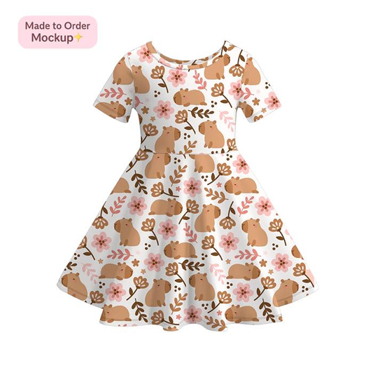 (Custom Design Preorder MOQ 5) Capybara Flowers Print Girls Summer Knee Length Dress
