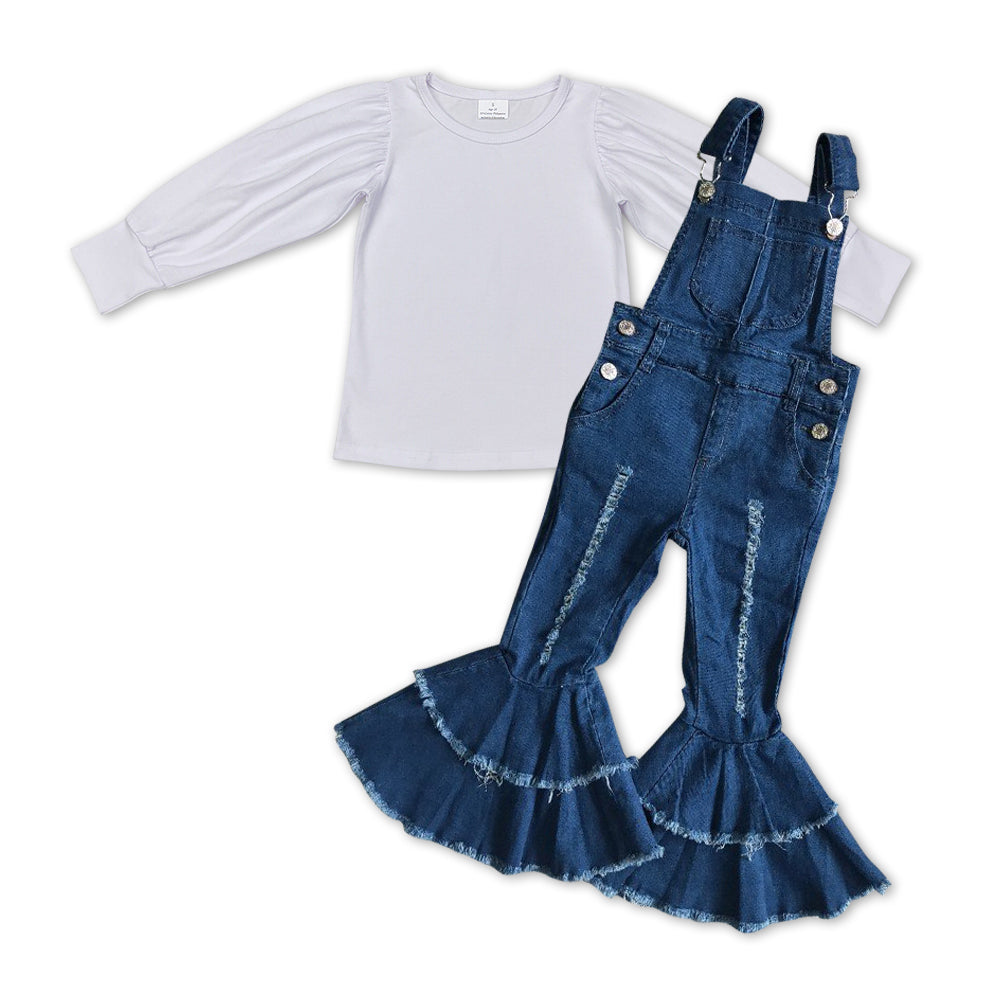GLP1033 White Cotton Long Sleeve Top Suspender Denim Overall Flare Bell Jumpsuit Girls Clothes Set