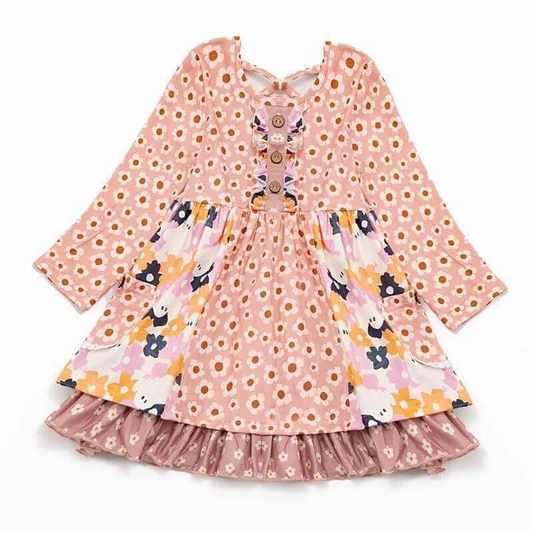 (Custom Design Preorder MOQ 5) Flowers Print Girls Knee Length Fall Dress