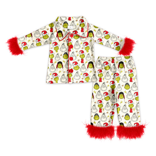 (Custom Design Preorder MOQ 5) Green Frog Face Print Girls Christmas Buttons Fur Pajamas Clothes Set