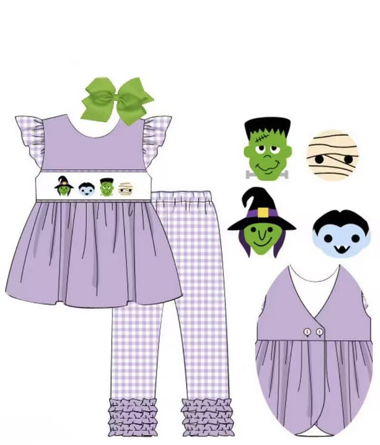 (Custom Design Preorder MOQ 5) Cartoon Purple Tunic Top Plaid Pants Girls Halloween Clothes Set