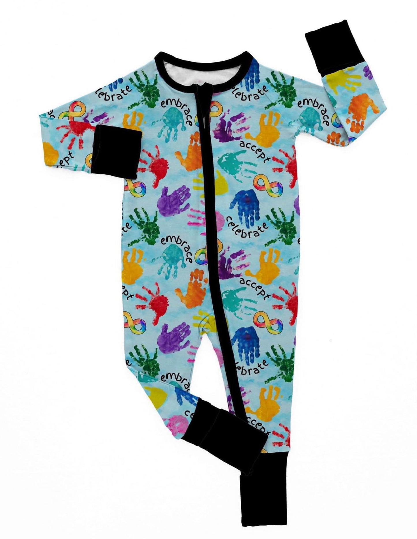 (Custom Design Preorder MOQ 5) Colorful Autism Embrace Print Baby Long Sleeve Sleeper Zipper Romper