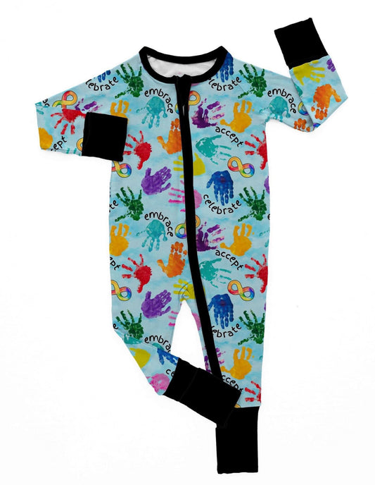 (Custom Design Preorder MOQ 5) Colorful Autism Embrace Print Baby Long Sleeve Sleeper Zipper Romper
