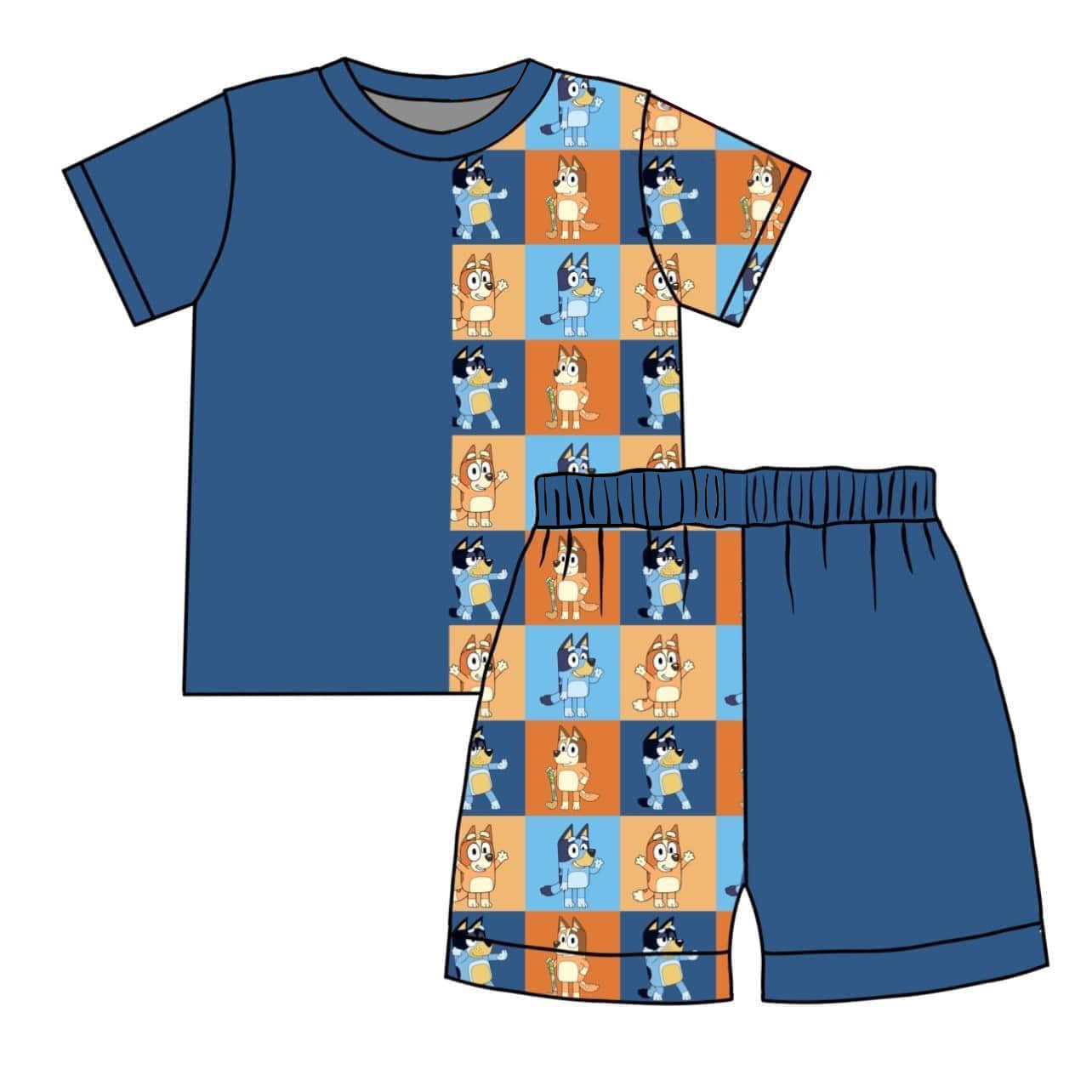 (Custom Design Preorder MOQ 5) Cartoon Dog Blue Print Boys Summer Clothes Set