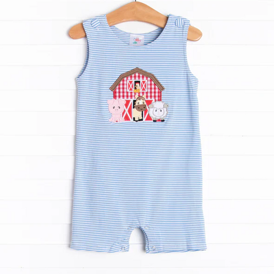 (Custom Design Preorder MOQ 5) Farm Animals Blue Stripes Print Baby Boys Summer Romper