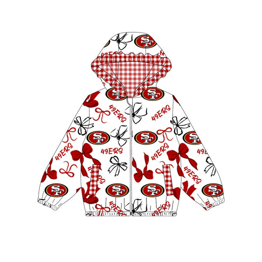 (Custom Design Preorder MOQ 5) Team's 49ERS SF Bows Print Pockets Girls Long Sleeve Zipper Jackets Top