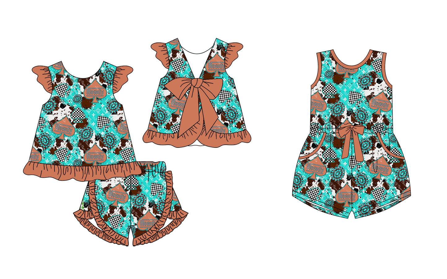 12.25(Custom Design Preorder MOQ 5 Each Design) Turquoise L*V* Brown Western Print Girls Summer Matching Clothes Sisters Wear