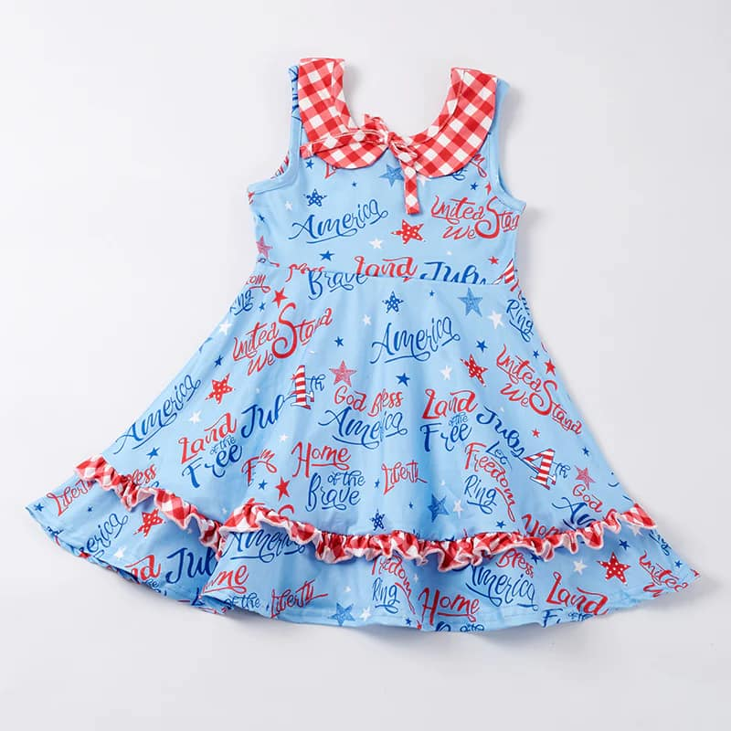 (Custom Design Preorder MOQ 5) Stars Print Girls Knee Length 4th of July Dress