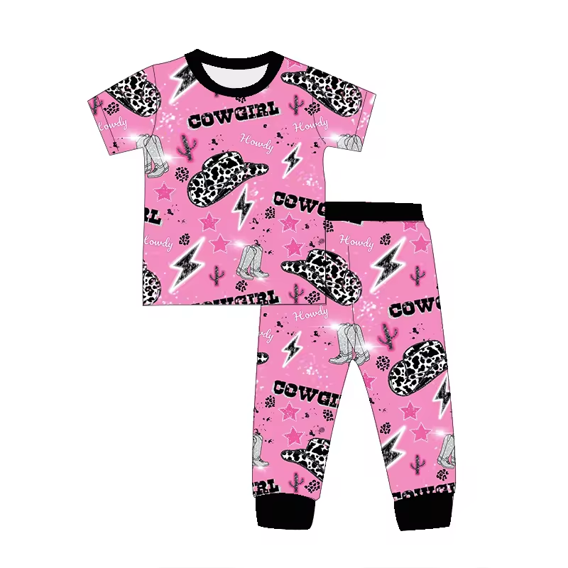 (Custom Design Preorder MOQ 5)  Cowgirl Howdy Hat Print Girls Pajamas Western Clothes Set