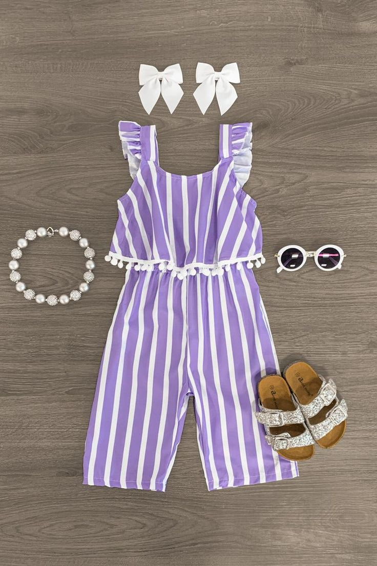 (Custom Design Preorder MOQ 5) Purple Stripes Print Girls Summer Clothes Set