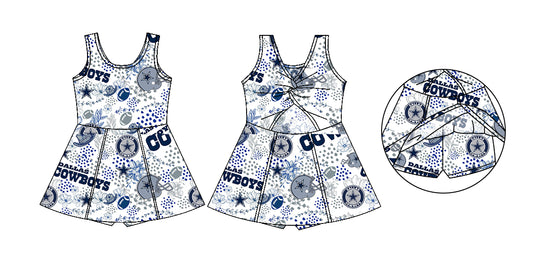 (Custom Design Preorder MOQ 5) Team's Cowboys Flowers Print Girls 1 Piece With Shorts Swimsuits