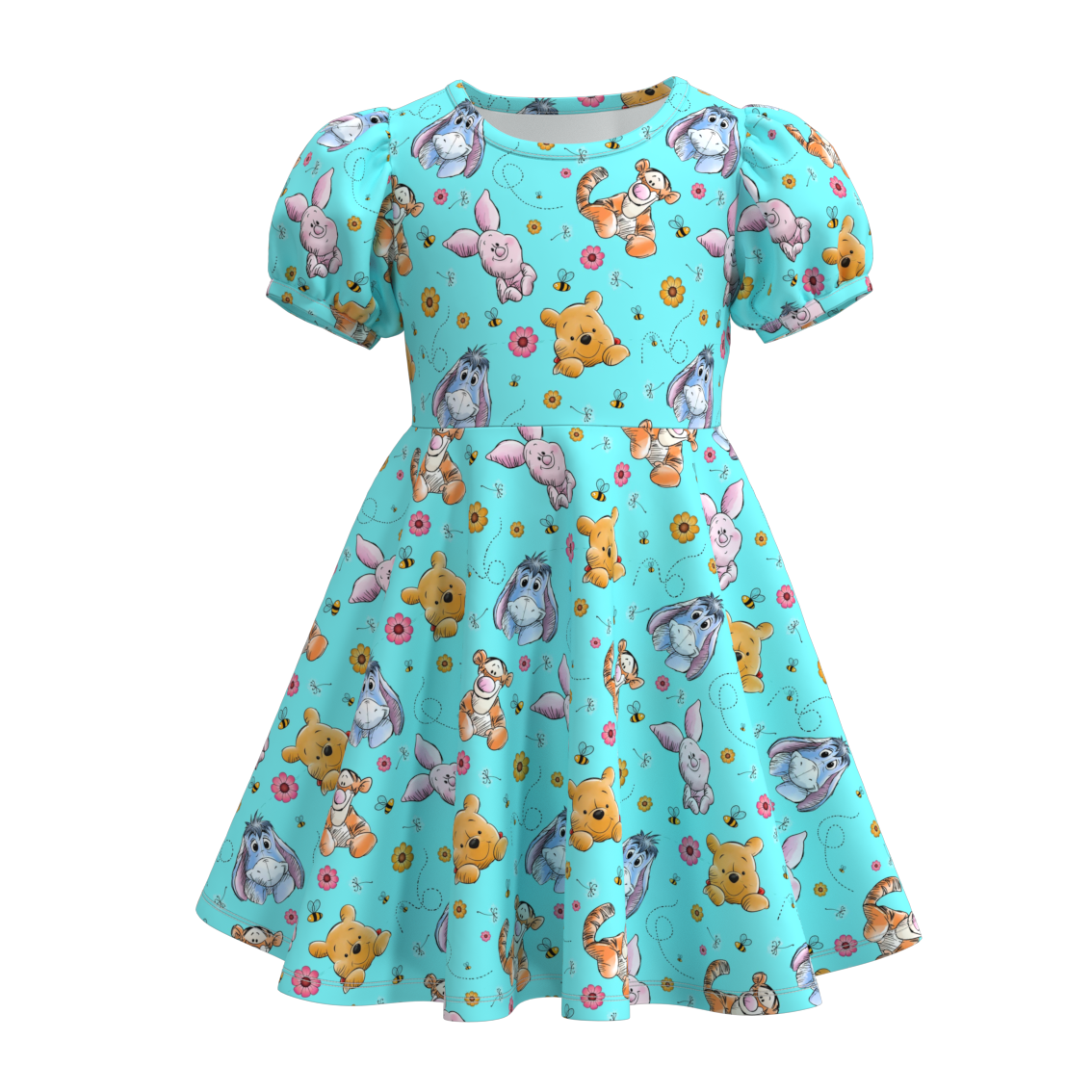 (Custom Design Preorder MOQ 5) Cartoon Bear Blue Print Girls Knee Length Summer Dress