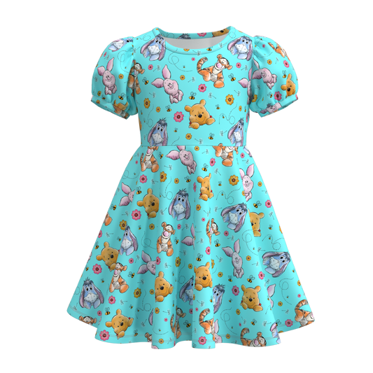 (Custom Design Preorder MOQ 5) Cartoon Bear Blue Print Girls Knee Length Summer Dress