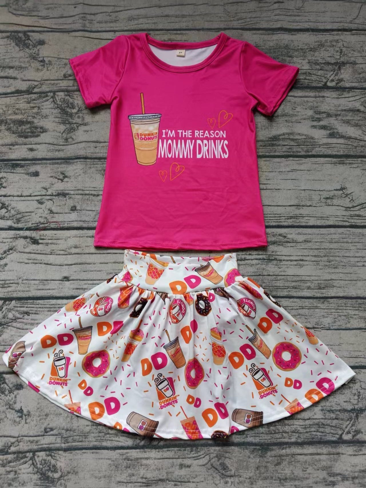 (Custom Design Preorder MOQ 5) Hot Pink Doughnut Print Top Skirts With Shorts Girls Summer Clothes Set