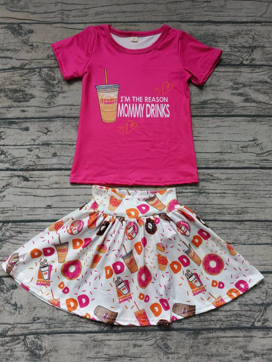 (Custom Design Preorder MOQ 5) Hot Pink Doughnut Print Top Skirts With Shorts Girls Summer Clothes Set