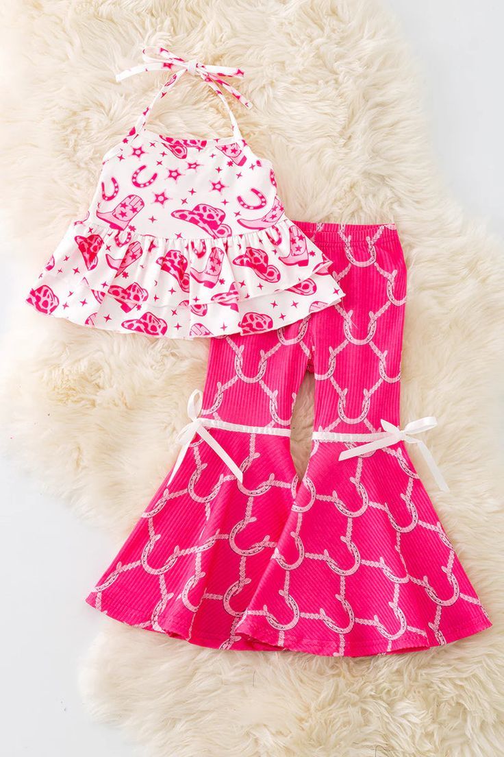 (Custom Design Preorder MOQ 5) Hat Boots Halter Top Hot Pink Bell Pants Girls Western Clothes Set