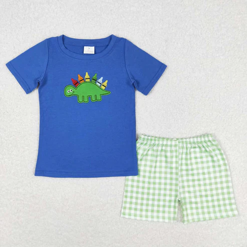 Dino Pen Embroidery Top Plaid Shorts Sibling Back to School Matching Clothes