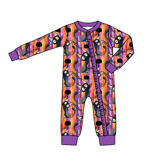 (Custom Design Preorder MOQ 5) Cats Purple Print Baby Girls Halloween Bamboo Sleeper Zipper Romper